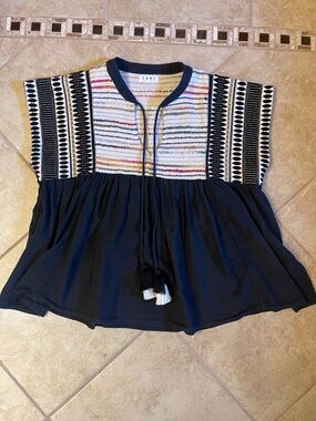 THML Navy Embroidered Cotton Top with Multicolor Bodice Size M